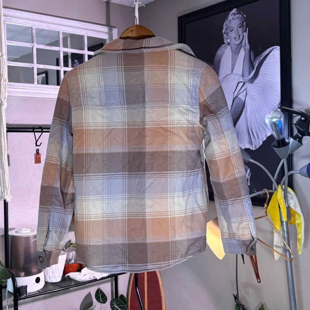 Abercrombie Plaid Flannel Shirt Jacket Kids 11/12 Tan Purple New Quilted Shacket